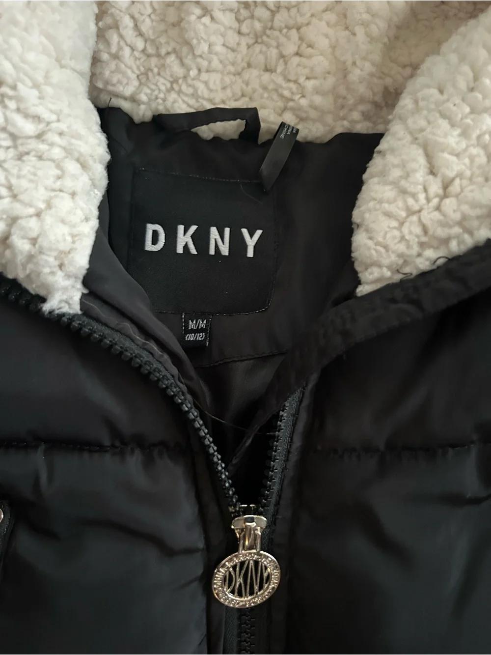 DKNY Girls Black Puffer Coat Sherpa Hood Size M (10/12)